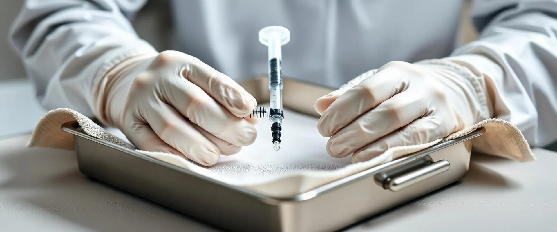 Gloved hands of a medical provider preparing a sterile treatment on a clean tray