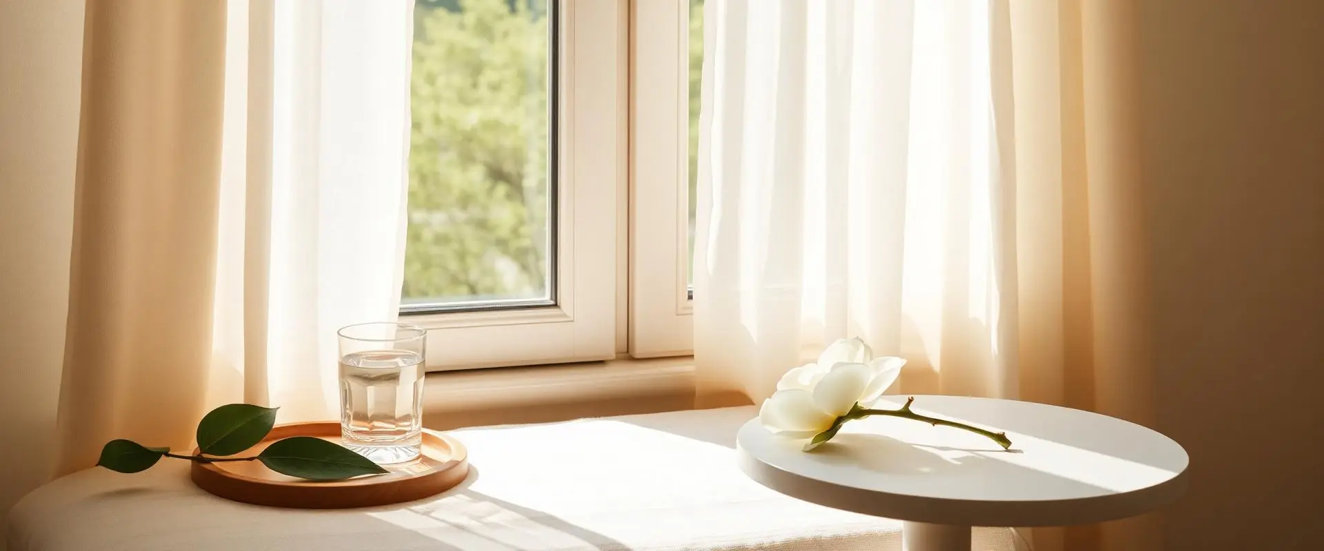 Soft morning light through sheer curtains with a fresh magnolia bloom on a side table