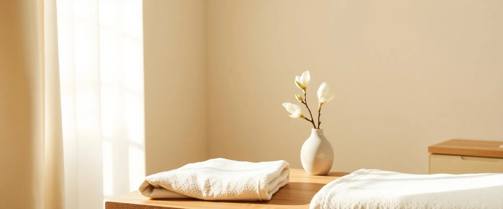 Calm, softly lit treatment room with a single magnolia bloom on a wooden table