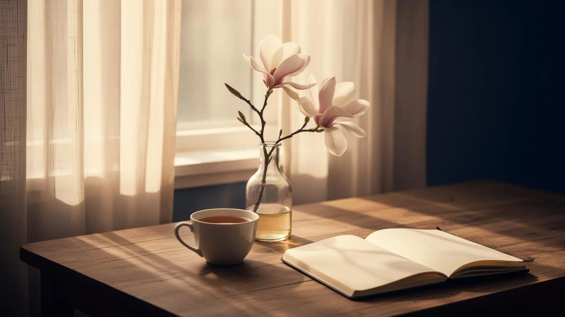 Quiet wooden table in soft morning light with an open journal, a warm cup of tea, and a magnolia branch resting beside it