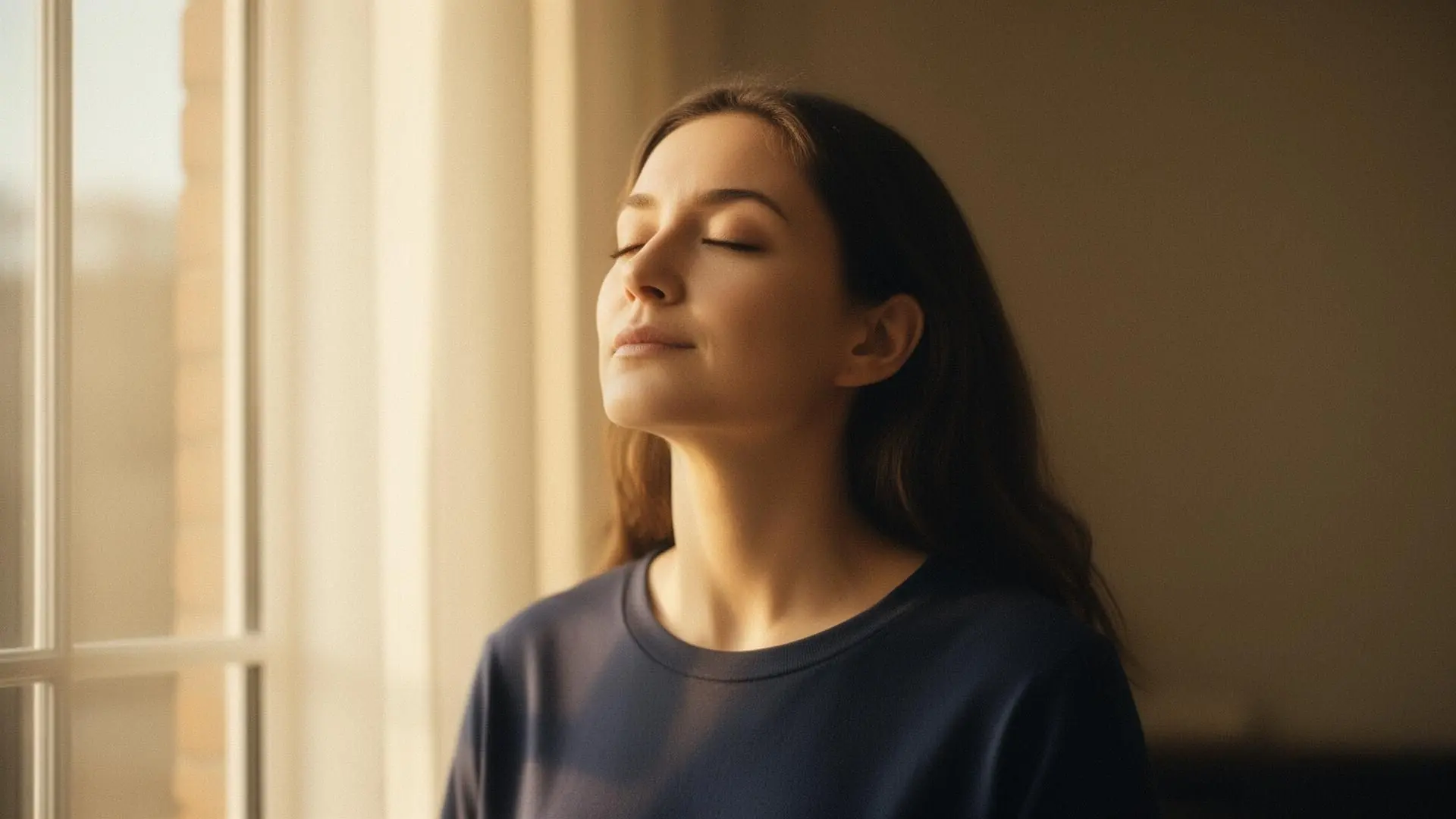 Woman pausing by a sunlit window in the early morning, eyes closed, taking a slow, calming breath