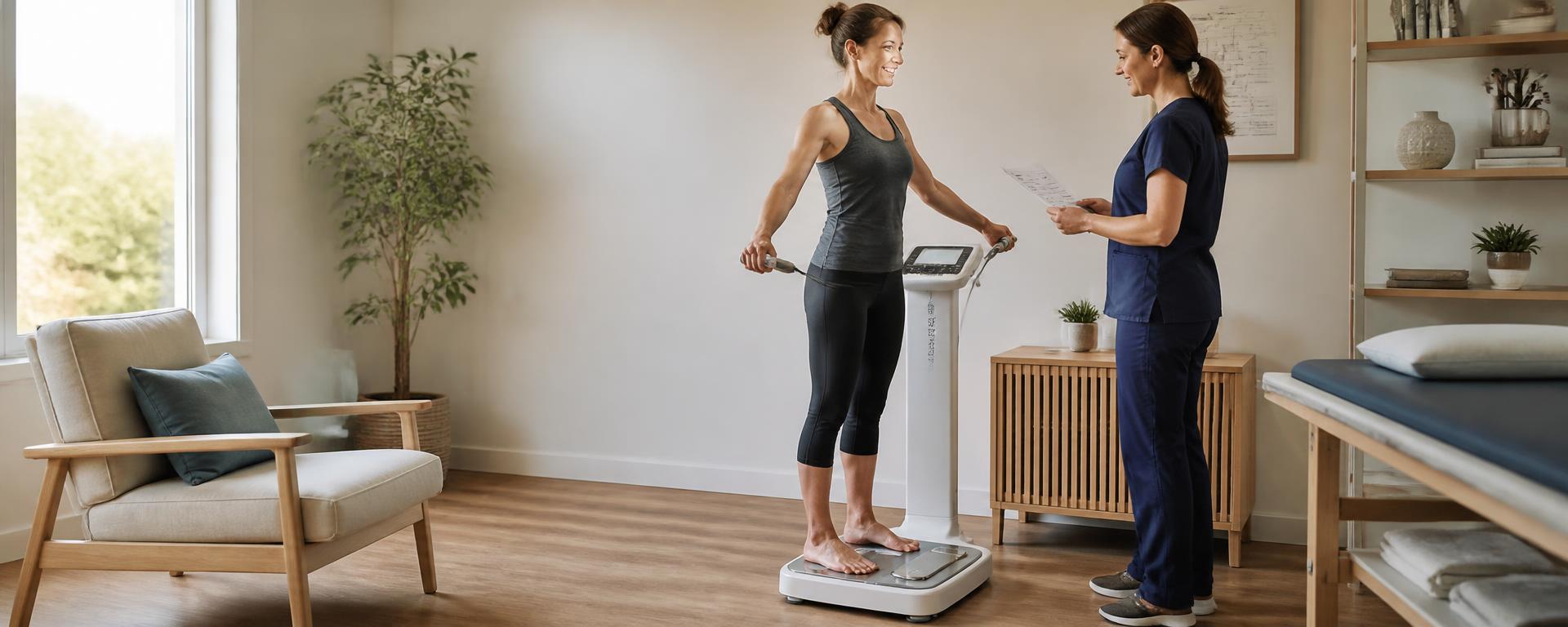 Patient standing on an InBody body composition analyzer while a provider reviews the results report at Magnolia Health & Wellness in Clear Lake, TX