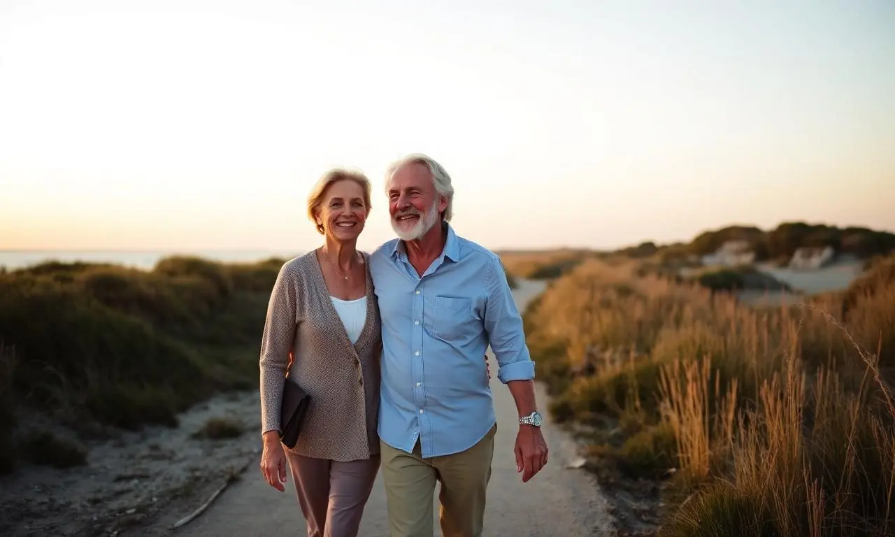 Couple in their fifties walking together along a quiet path at sunset, relaxed and at ease in each other's company