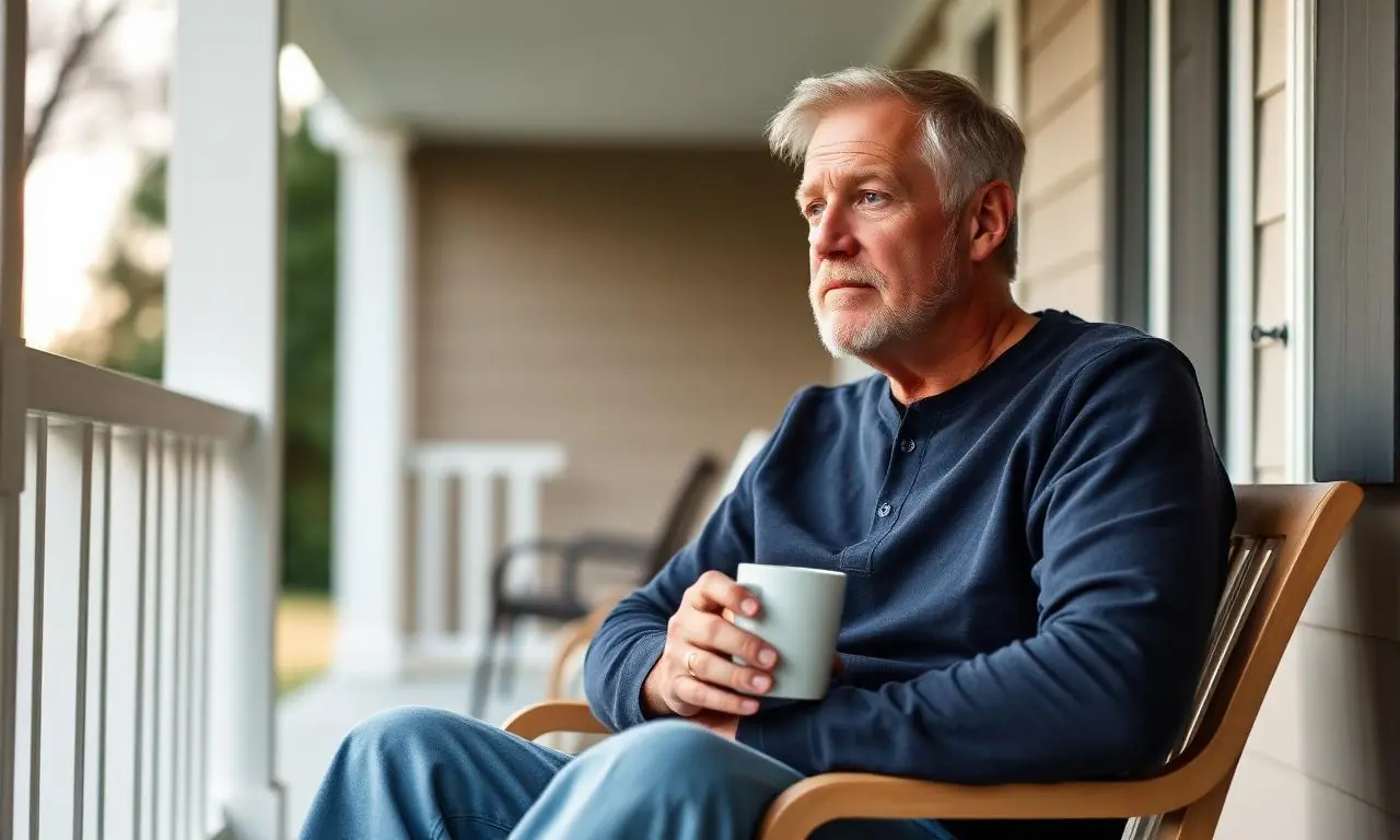 Man in his fifties sitting on a porch with a cup of coffee in soft morning light, looking calm and reflective