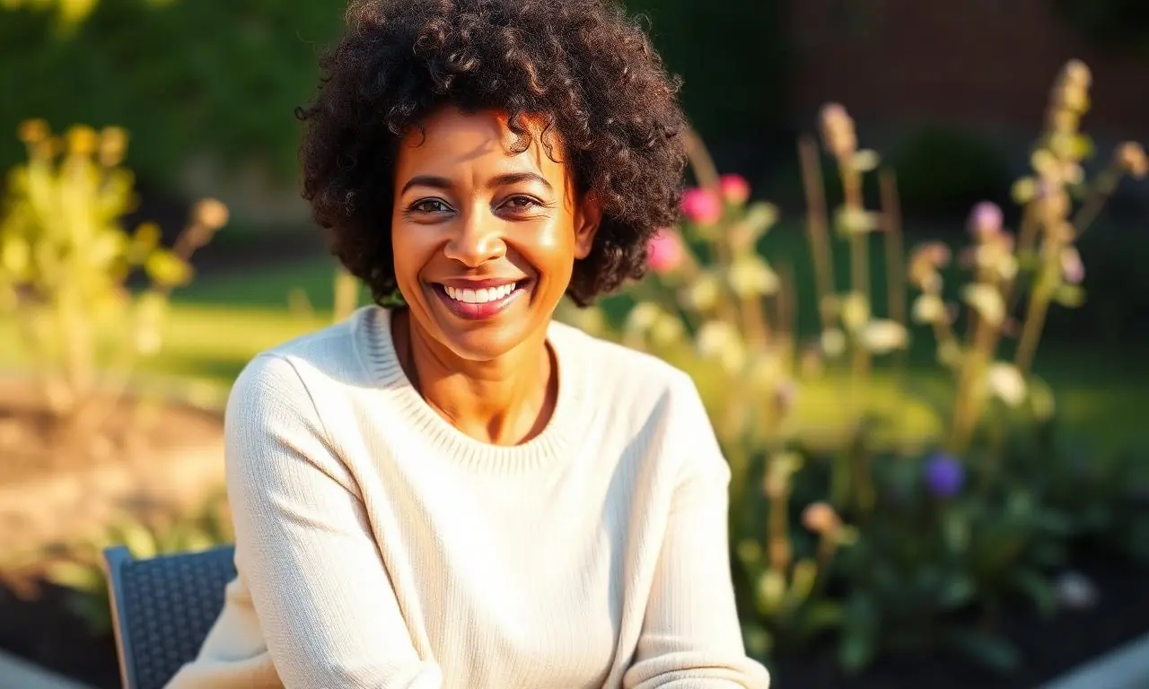 Woman standing in a sunlit garden, smiling gently and looking balanced and well
