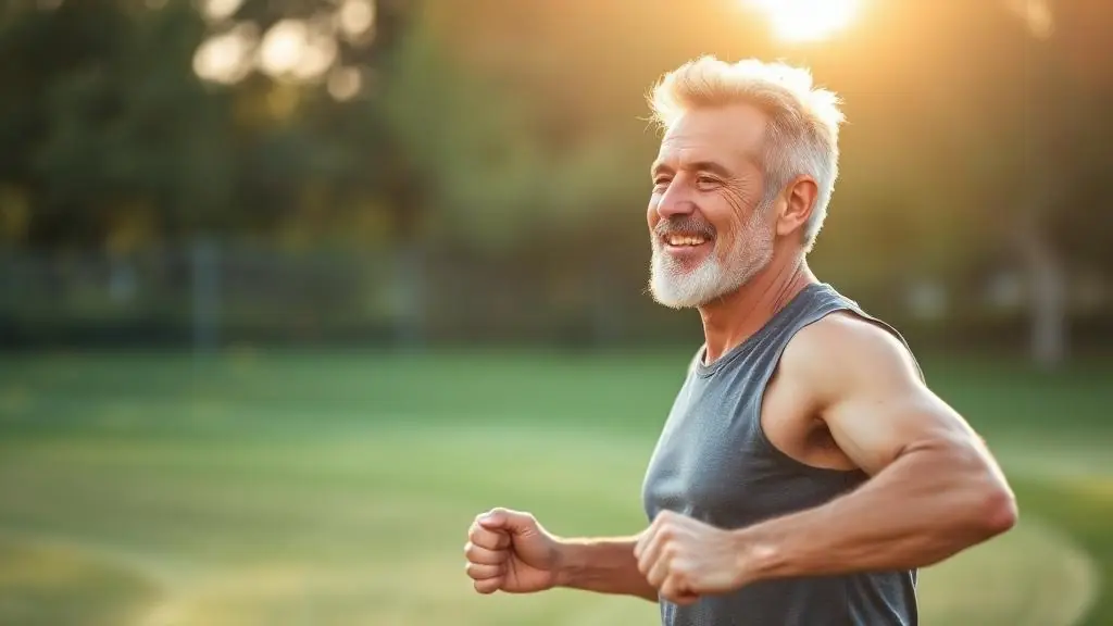 Man jogging on a quiet outdoor path in morning light, looking strong, focused, and energized