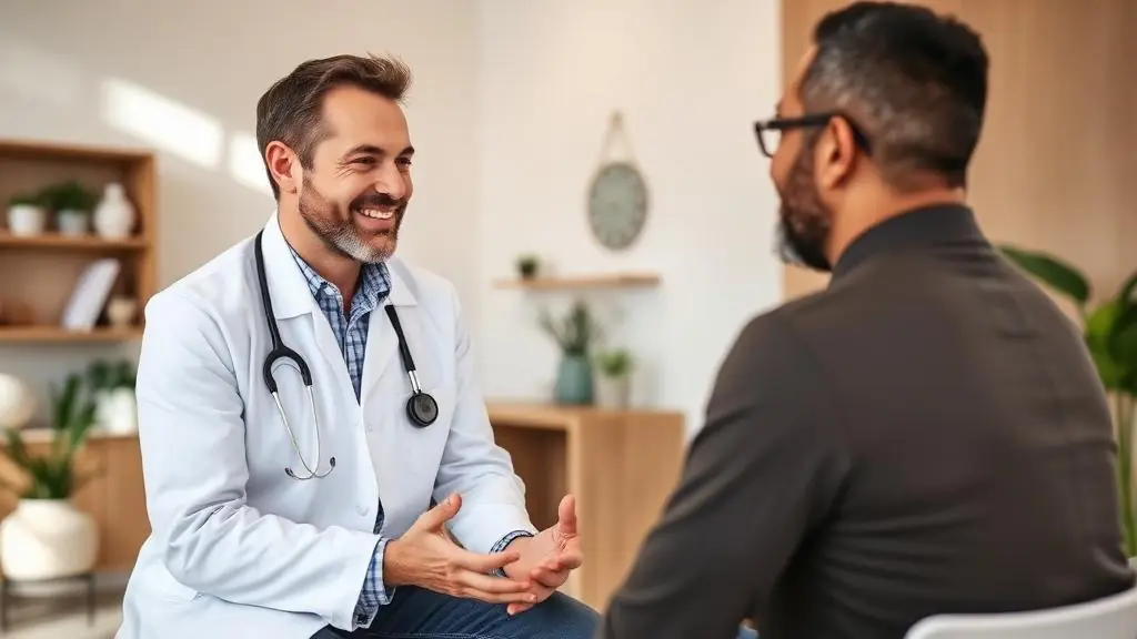 Provider sitting across from a male patient in a softly lit consultation room, listening attentively during a warm conversation