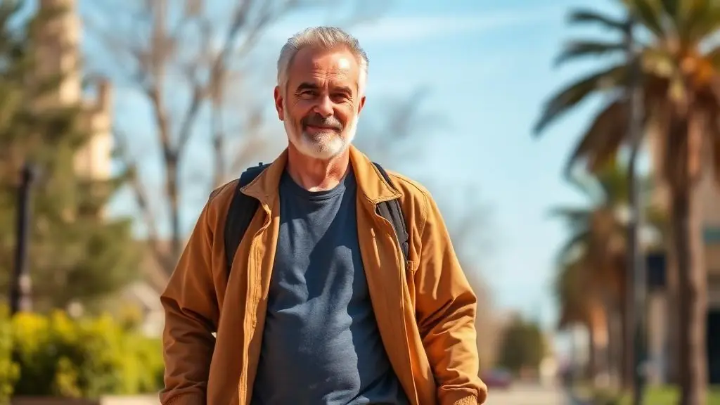 Man in his fifties walking outdoors on a tree-lined path in soft daylight, looking relaxed and steady