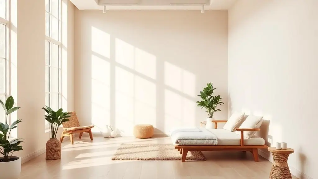 Quiet, modern wellness clinic interior with warm natural light, soft neutral tones, and a calming, comfortable atmosphere