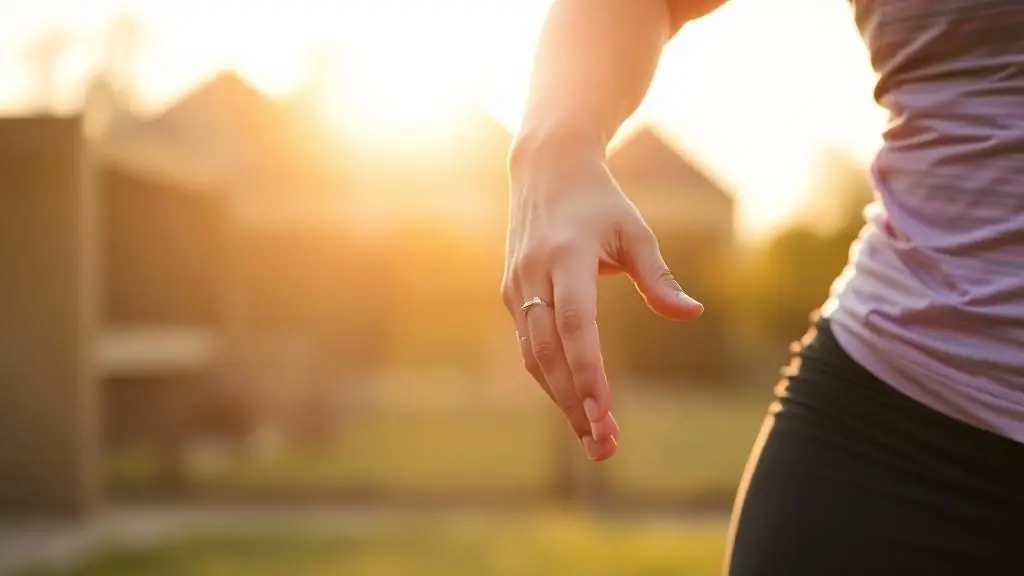 Person stretching gently outdoors after exercise in soft morning light, supporting recovery and looking at ease