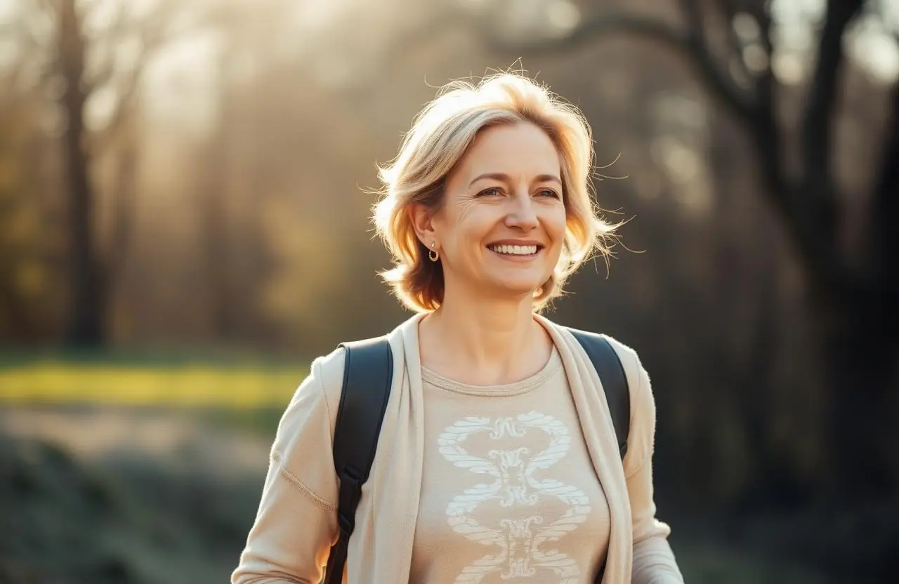 Woman walking outdoors on a quiet path in soft morning light, looking energized and refreshed