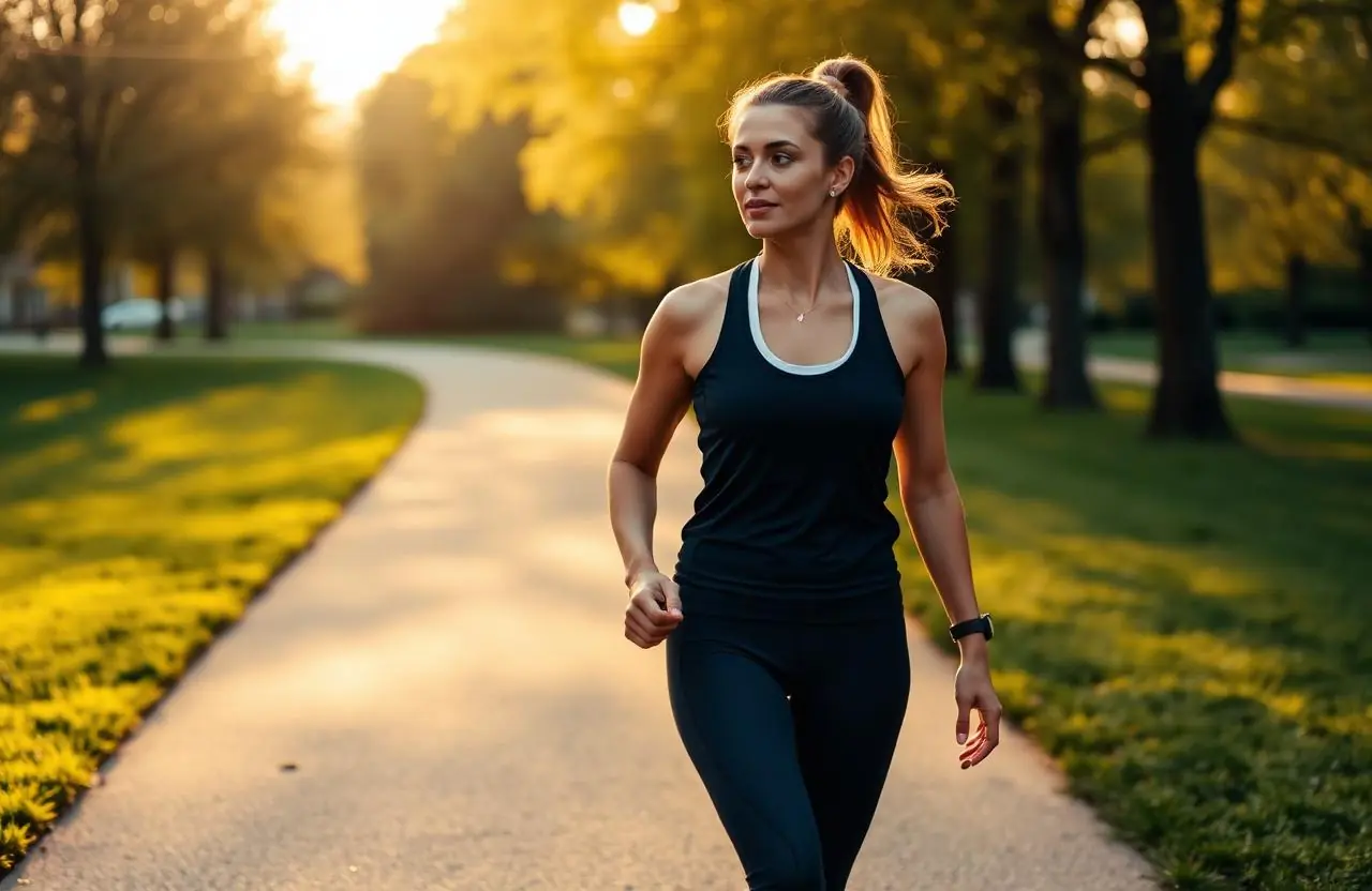 Woman stretching gently outdoors in a sunlit park, looking strong, recovered, and at ease