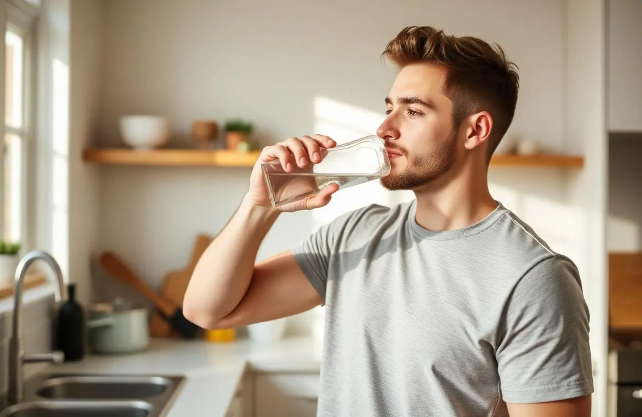 Man standing in a bright, sunlit kitchen pouring a glass of water as part of his daily wellness routine, looking calm and steady