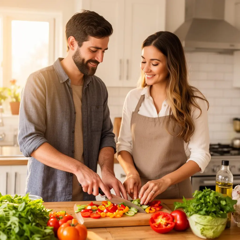 Man and woman preparing a healthy meal together in a bright, sunlit kitchen, looking relaxed and unhurried