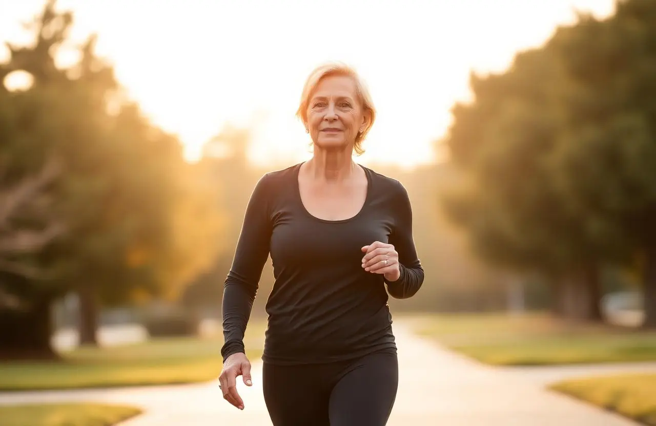 Woman walking outdoors on a quiet path in soft morning light, looking calm and steady
