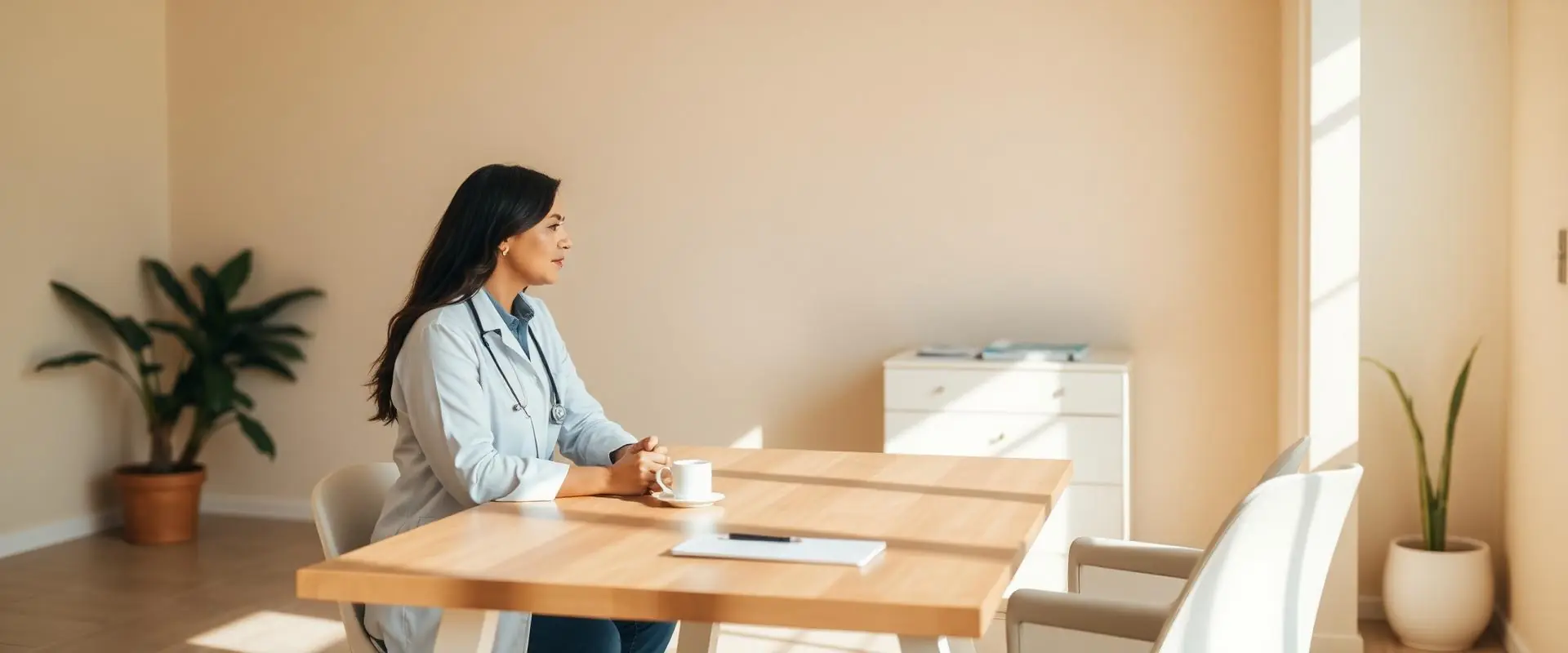 Calm clinic consultation room with soft natural light