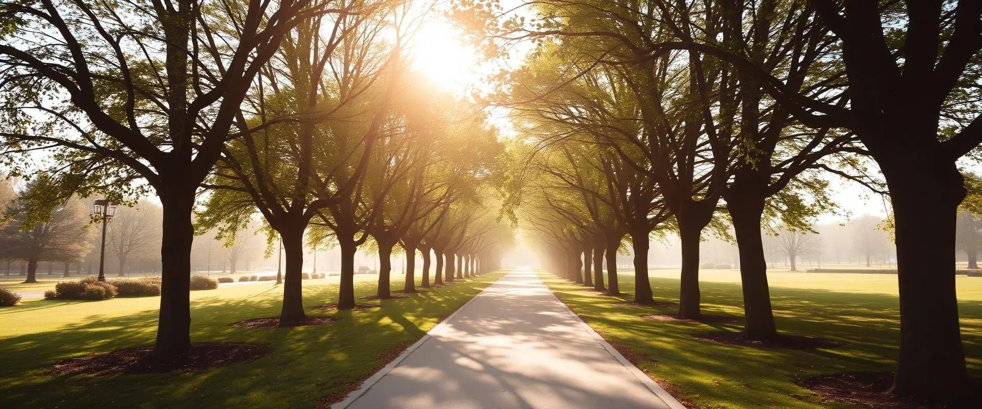 Quiet tree-lined path in soft morning light