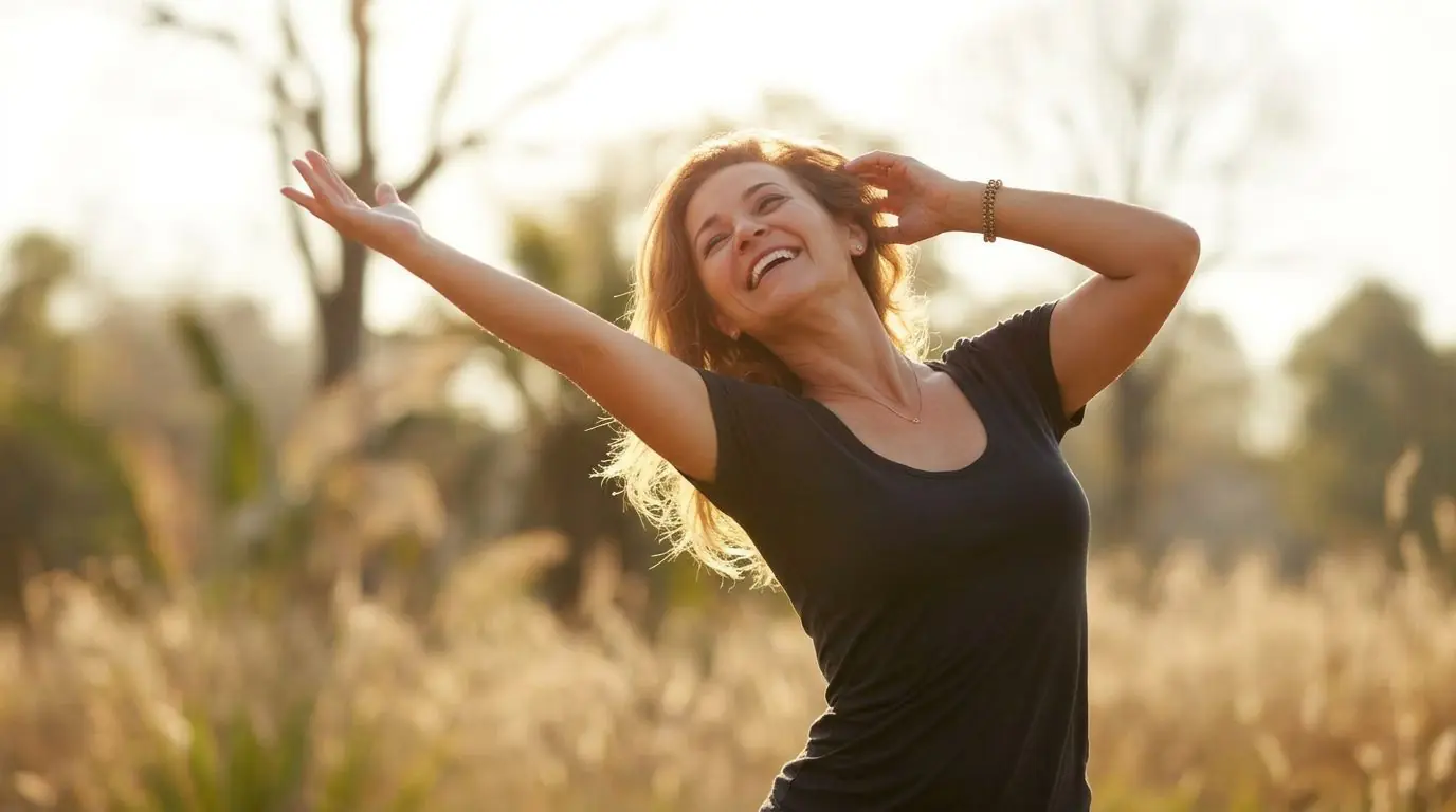 Woman standing in a sunlit golden field with her arms raised and head tilted back, smiling and looking energized and at ease