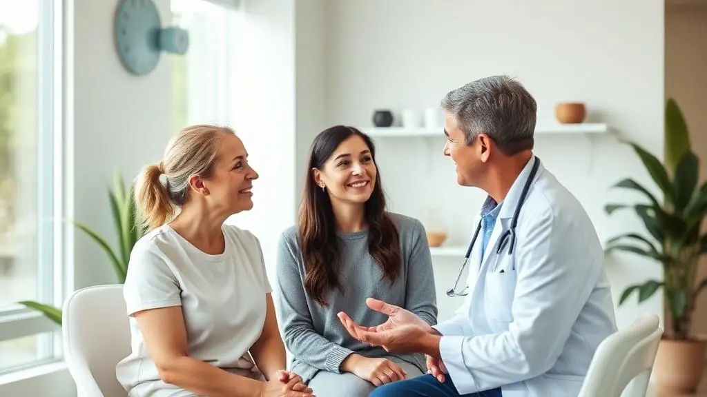 Provider sitting with a woman in a softly lit consultation room, listening attentively during a supportive conversation
