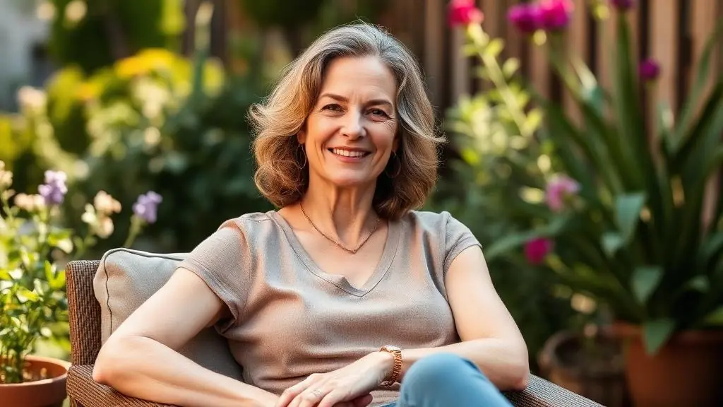 Woman sitting outdoors in a quiet garden in soft daylight, looking calm and content